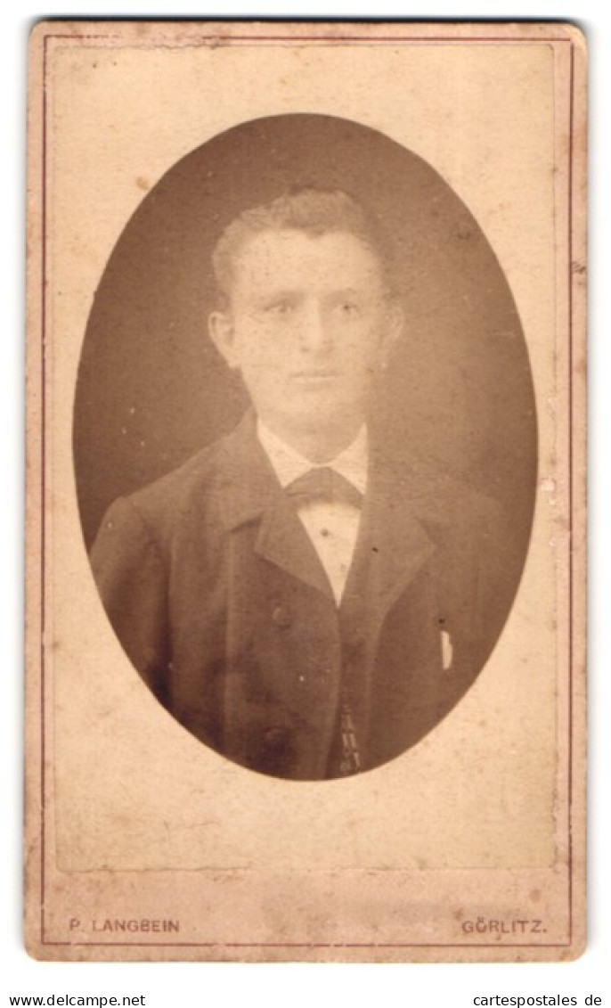 Fotografie P. Langbein, Görlitz, Louisenstr. 17, Portrait Junger Mann Mit Fliege Im Jackett  - Anonymous Persons