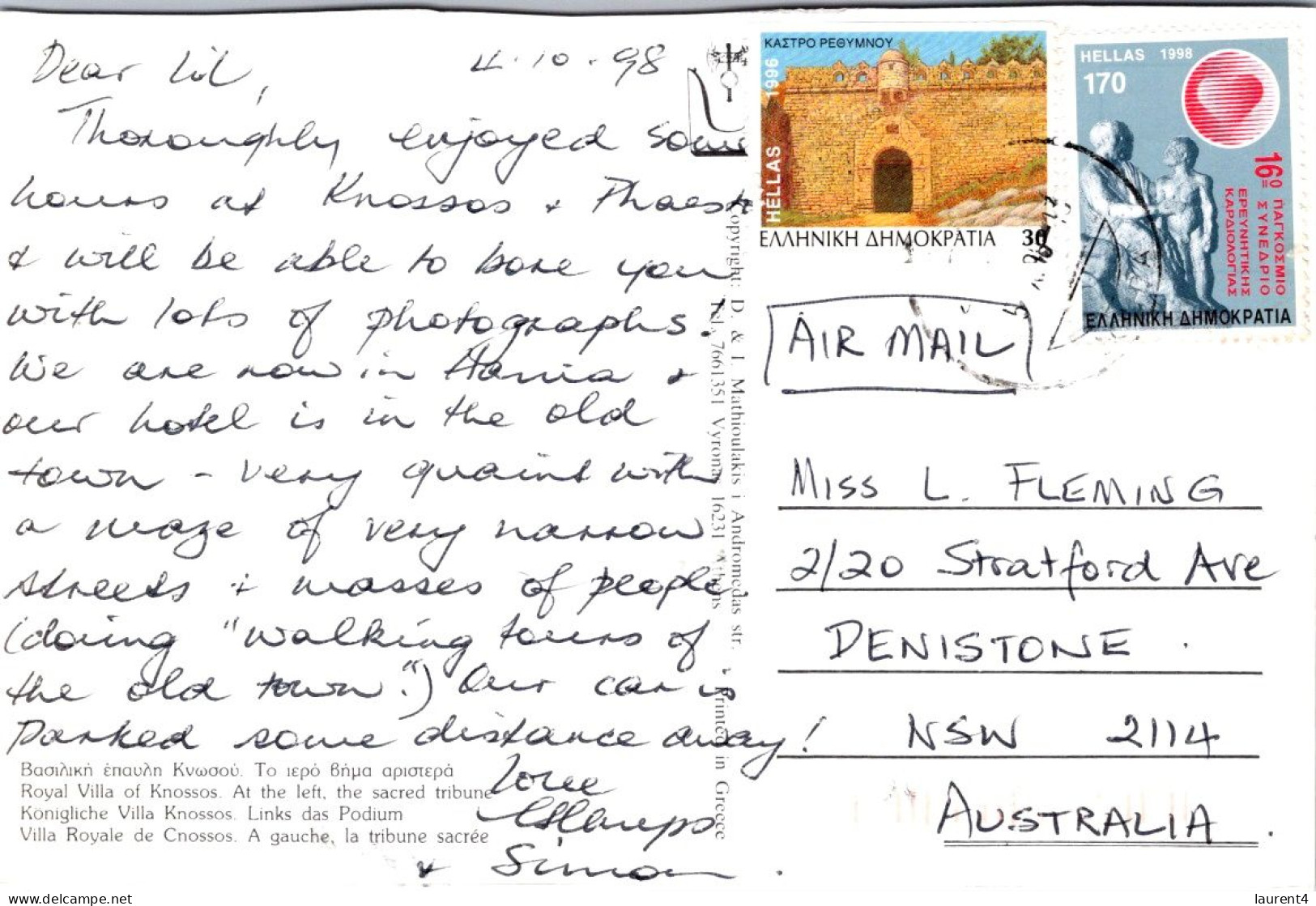 20-5-2024 (5 Z 38) Greece (posted To Australia 1998) Royal Villa Of Knossos - Grèce