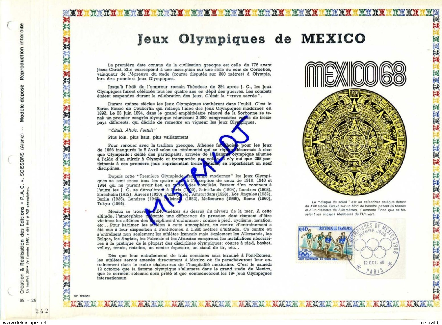 Rare Feuillet PAC (précurseur De CEF) De 1968 -  Jeux Olympiques De MEXICO, MEXICO 68 - 1960-1969