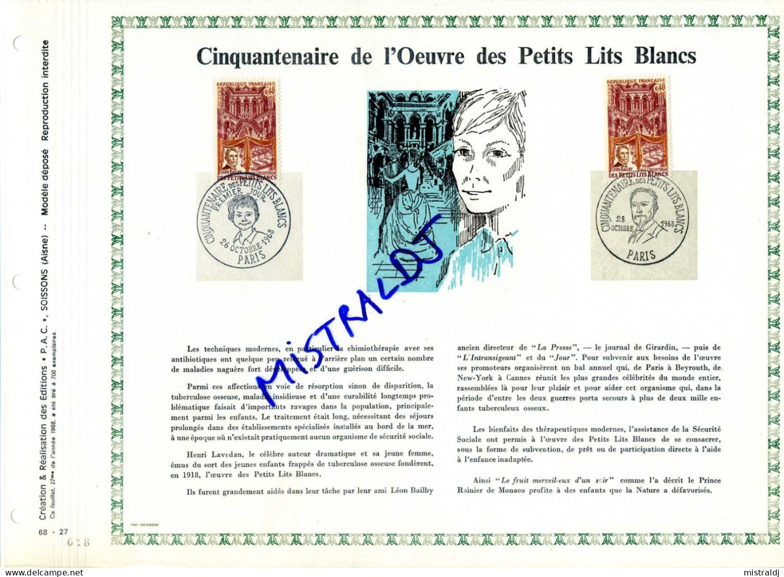 Rare Feuillet PAC (précurseur De CEF) De 1968 - CINQUANTENAIRE DE L’ŒUVRE DES PETITS LITS BLANCS, 2 Timbres - 1960-1969