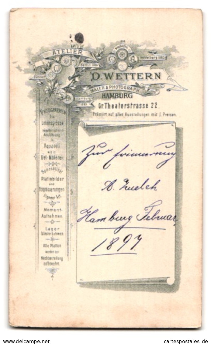 Fotografie D. Wettern, Hamburg, Gr. Theaterstr. 22, Portrait Bildschönes Fräulein Mit Elegantem Rüschenkragen  - Anonyme Personen