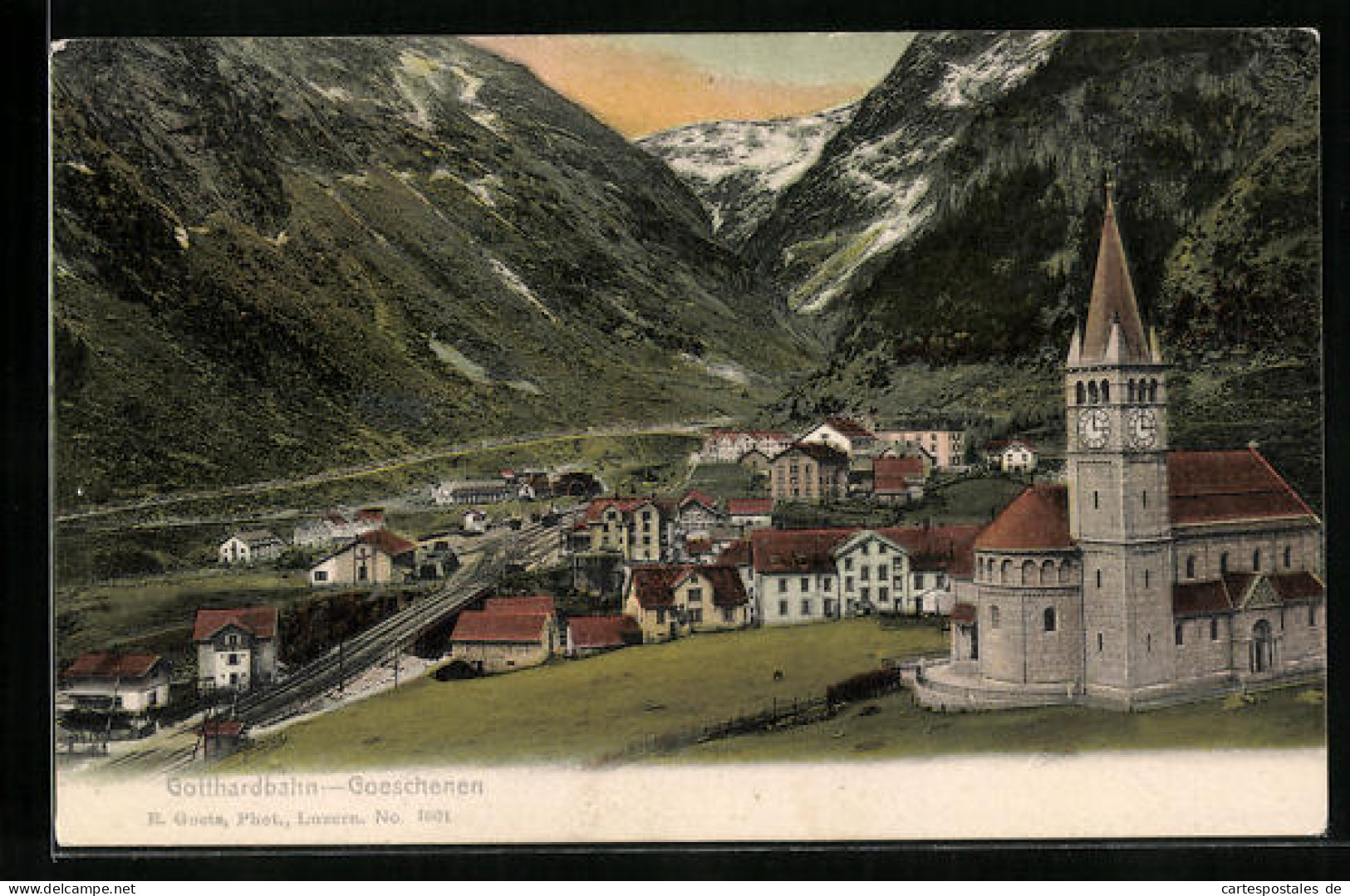 AK Goeschenen, An Der Kirche, Blick Zum Bahnhof Der Gotthardbahn  - Autres & Non Classés