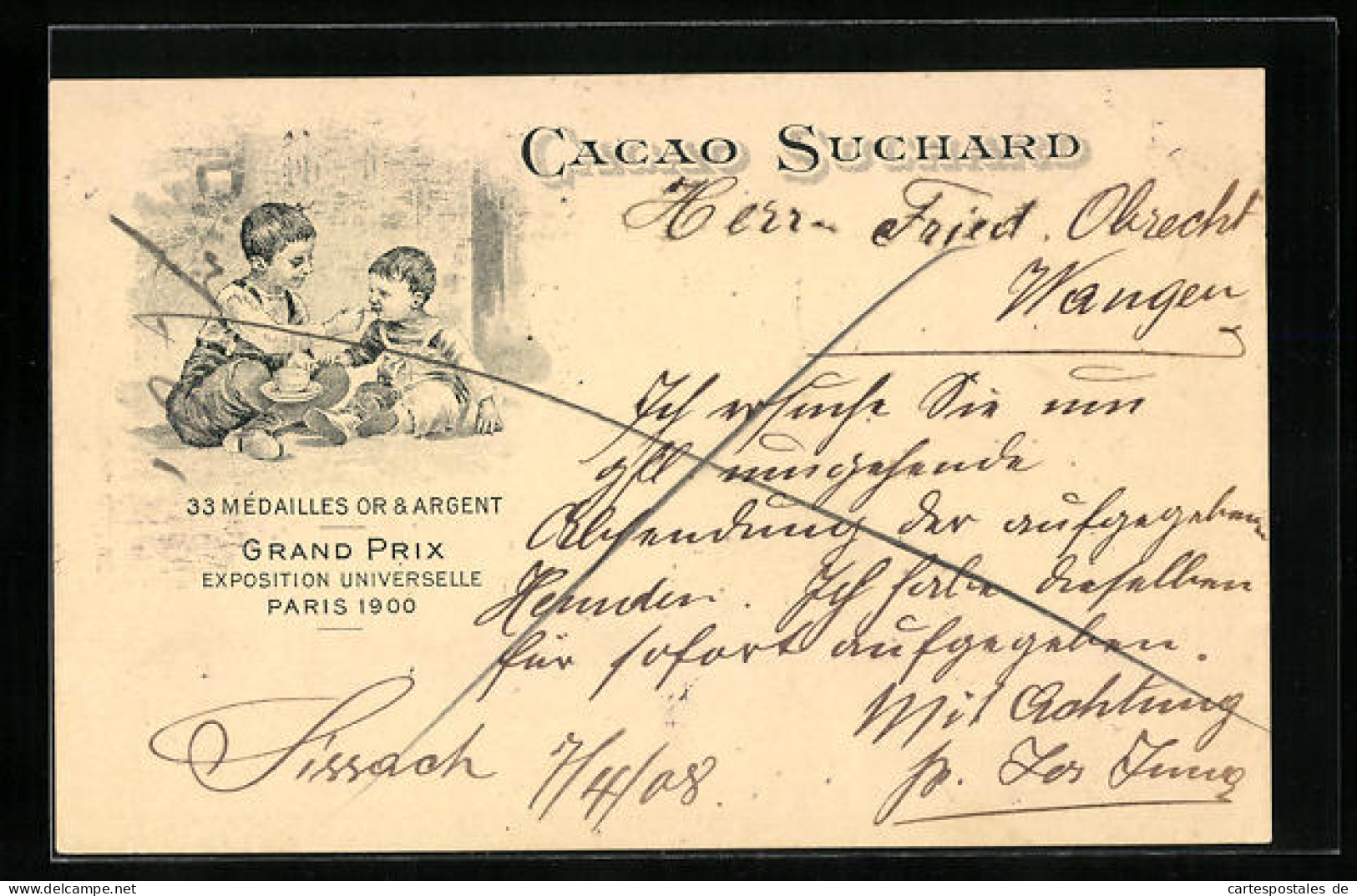 AK Reklame Für Cacao Suchard, Bube Trinkt Kakao Von Einem Löffel, Grand Prix Paris 1900  - Landwirtschaftl. Anbau