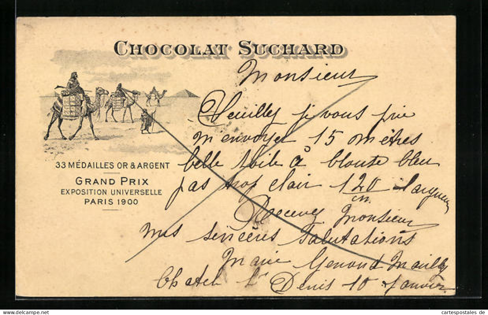 AK Reklame Für Chocolat Suchard, Kamele Transportieren Schokoladenkisten, Grand Prix Paris 1900, Ganzsache  - Landwirtschaftl. Anbau