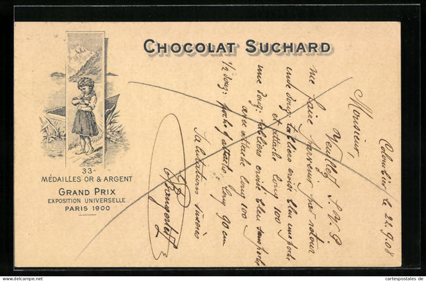 AK Reklame Für Chocolat Suchard, Mädchen Nascht Schokolade Aus Einer Schachtel, Grand Prix Paris 1900, Ganzsache  - Landwirtschaftl. Anbau
