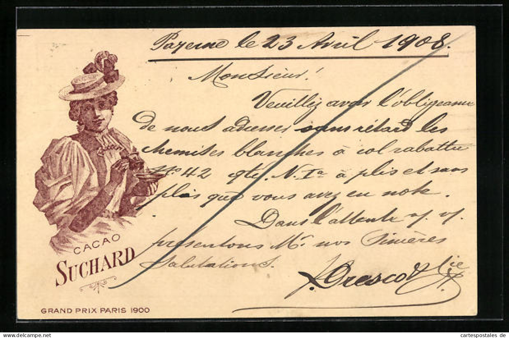 AK Reklame Für Cacao Suchard, Elegant Gekleidetes Fräulein Trinkt Kakao, Grand Prix Paris 1900, Ganzsache  - Landwirtschaftl. Anbau