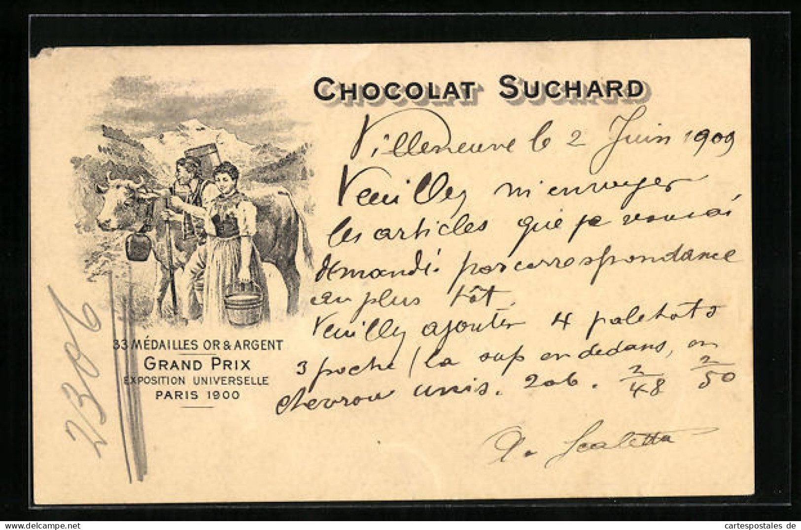 AK Reklame Für Chocolat Suchard, Bauernpaar Mit Milchkuh, Grand Prix Paris 1900, Ganzsache  - Landwirtschaftl. Anbau