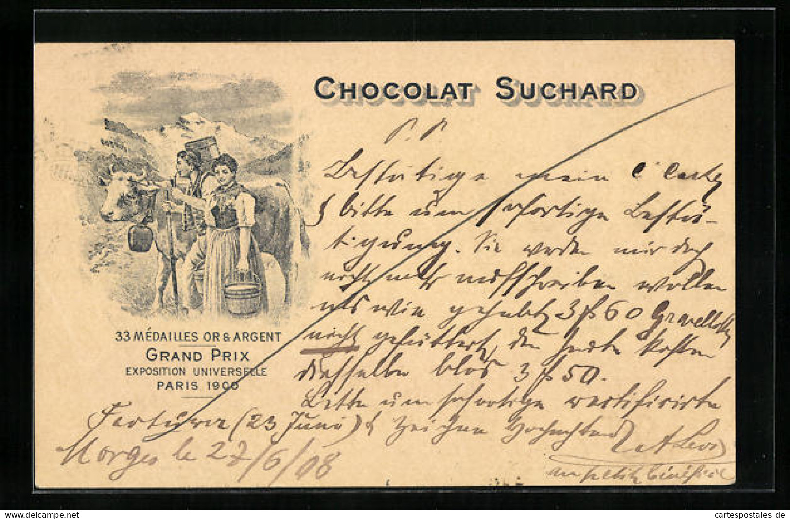 AK Reklame Für Chocolat Suchard, Bauernpaar Mit Milchkuh, Grand Prix Paris 1900, Ganzsache  - Cultures
