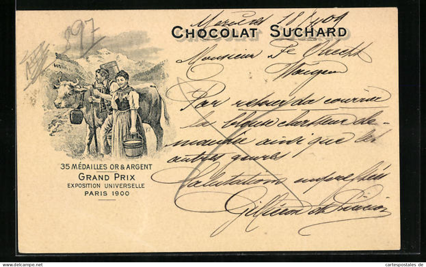 AK Reklame Für Chocolat Suchard, Bauernpaar Mit Milchkuh, Grand Prix Paris 1900, Ganzsache  - Cultures