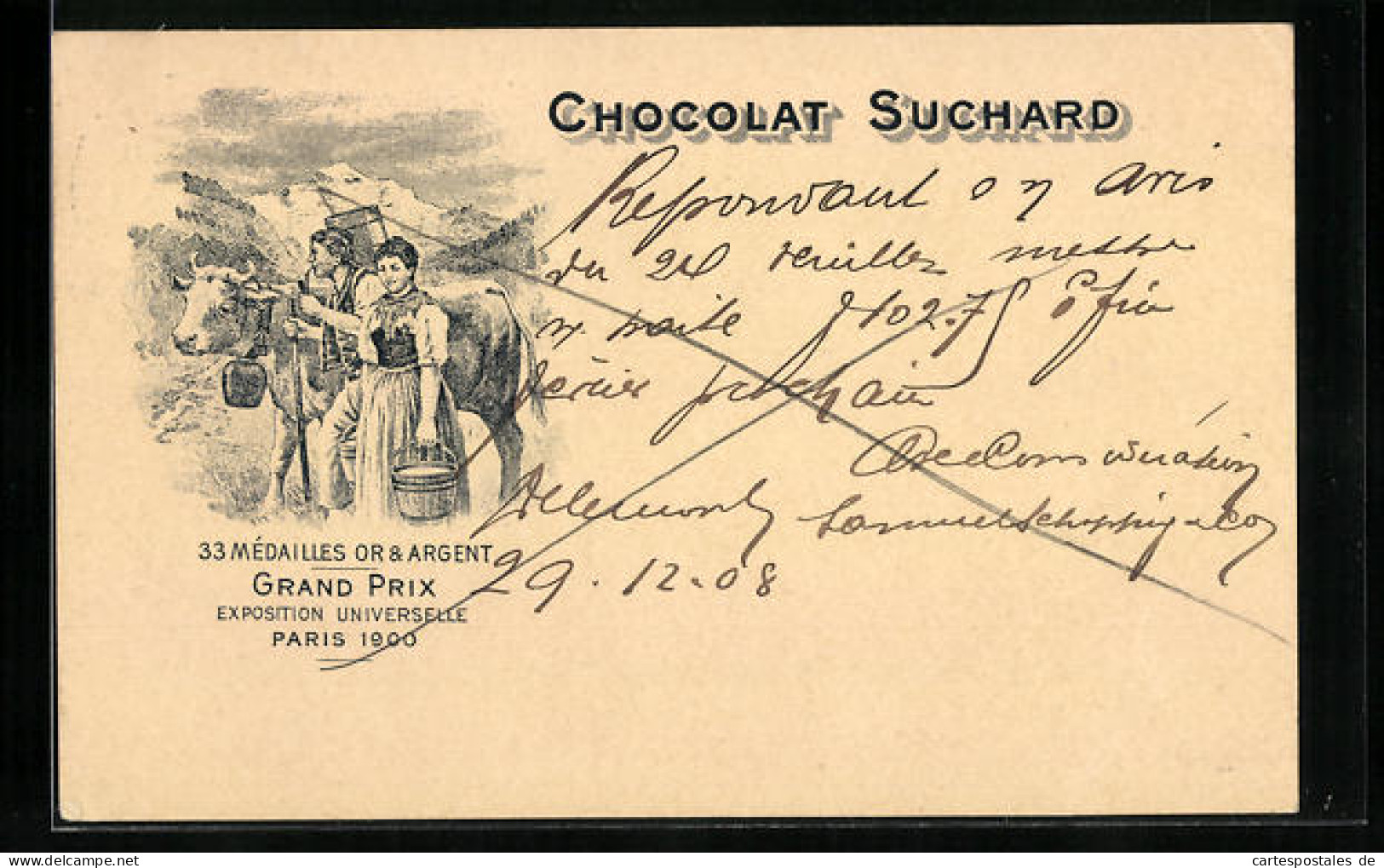 AK Reklame Für Chocolat Suchard, Bauernpaar Mit Milchkuh, Grand Prix Paris 1900, Ganzsache  - Cultivation