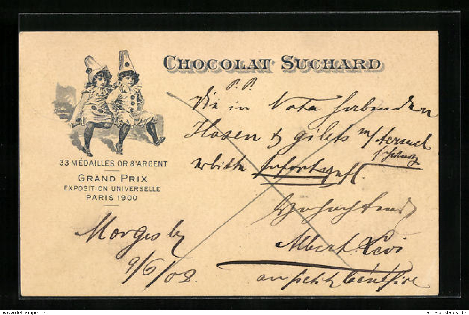 AK Reklame Für Chocolat Suchard, Zwei Kinder In Harlekin-Kostümen, Grand Prix Paris 1900, Ganzsache  - Landwirtschaftl. Anbau