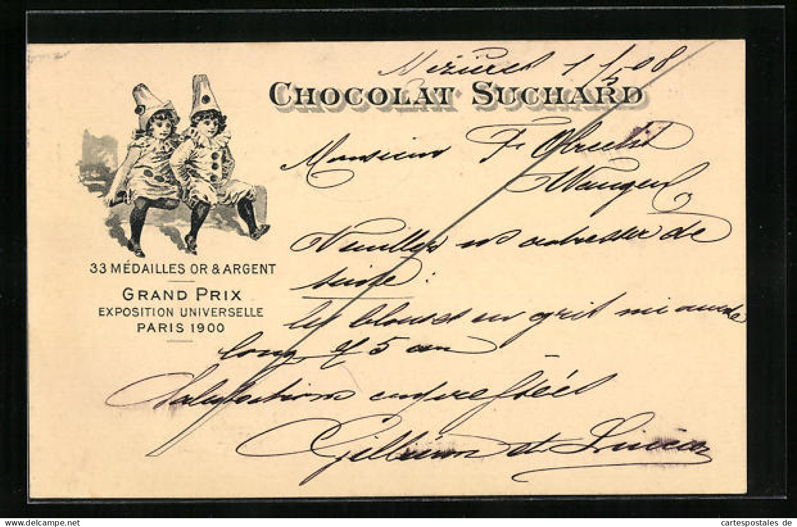 AK Reklame Für Chocolat Suchard, Zwei Kinder In Harlekin-Kostümen, Grand Prix Paris 1900, Ganzsache  - Cultivation