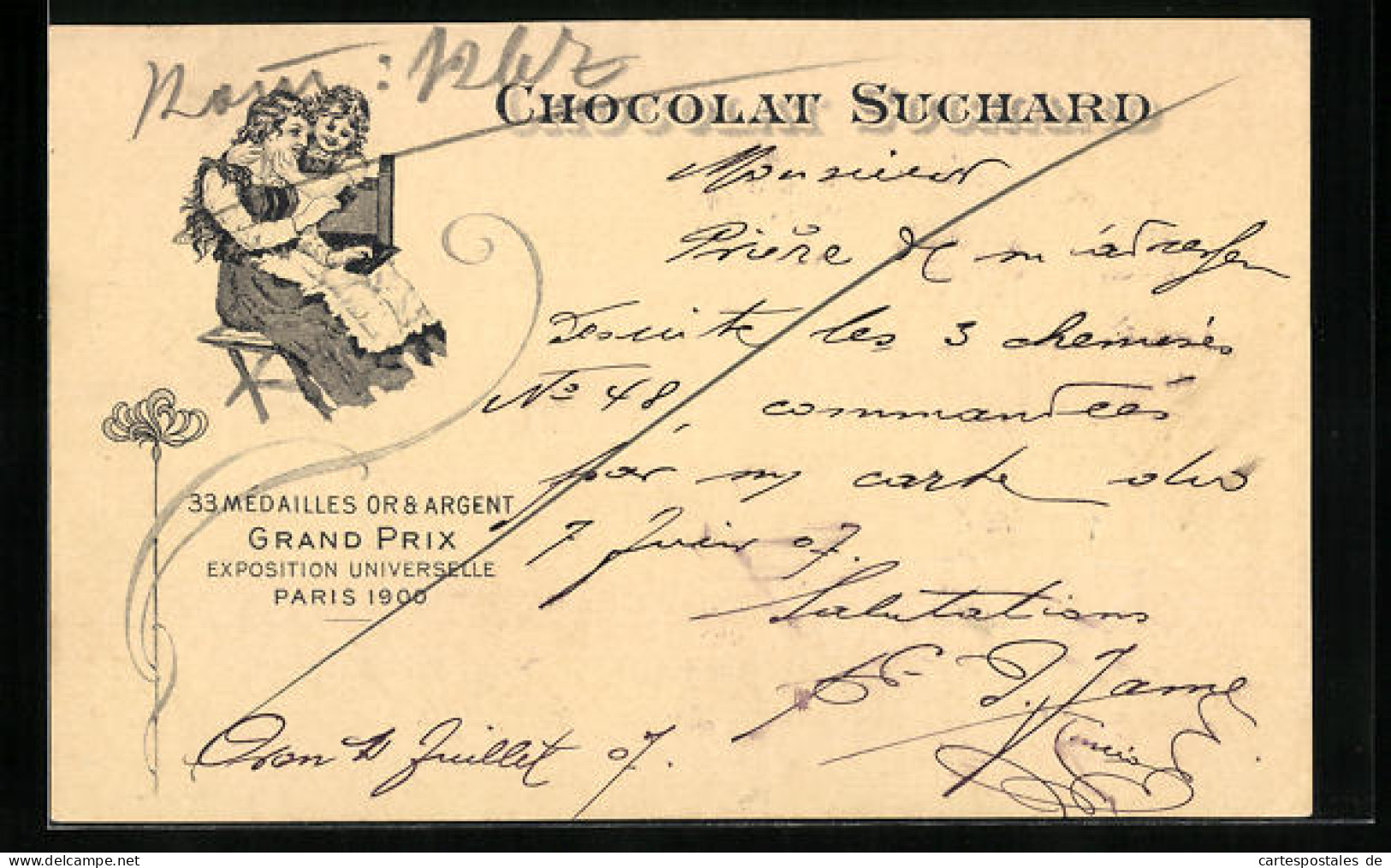 AK Reklame Für Chocolat Suchard, Zwei Mädchen Naschen Schokolade, Grand Prix Paris 1900  - Landwirtschaftl. Anbau