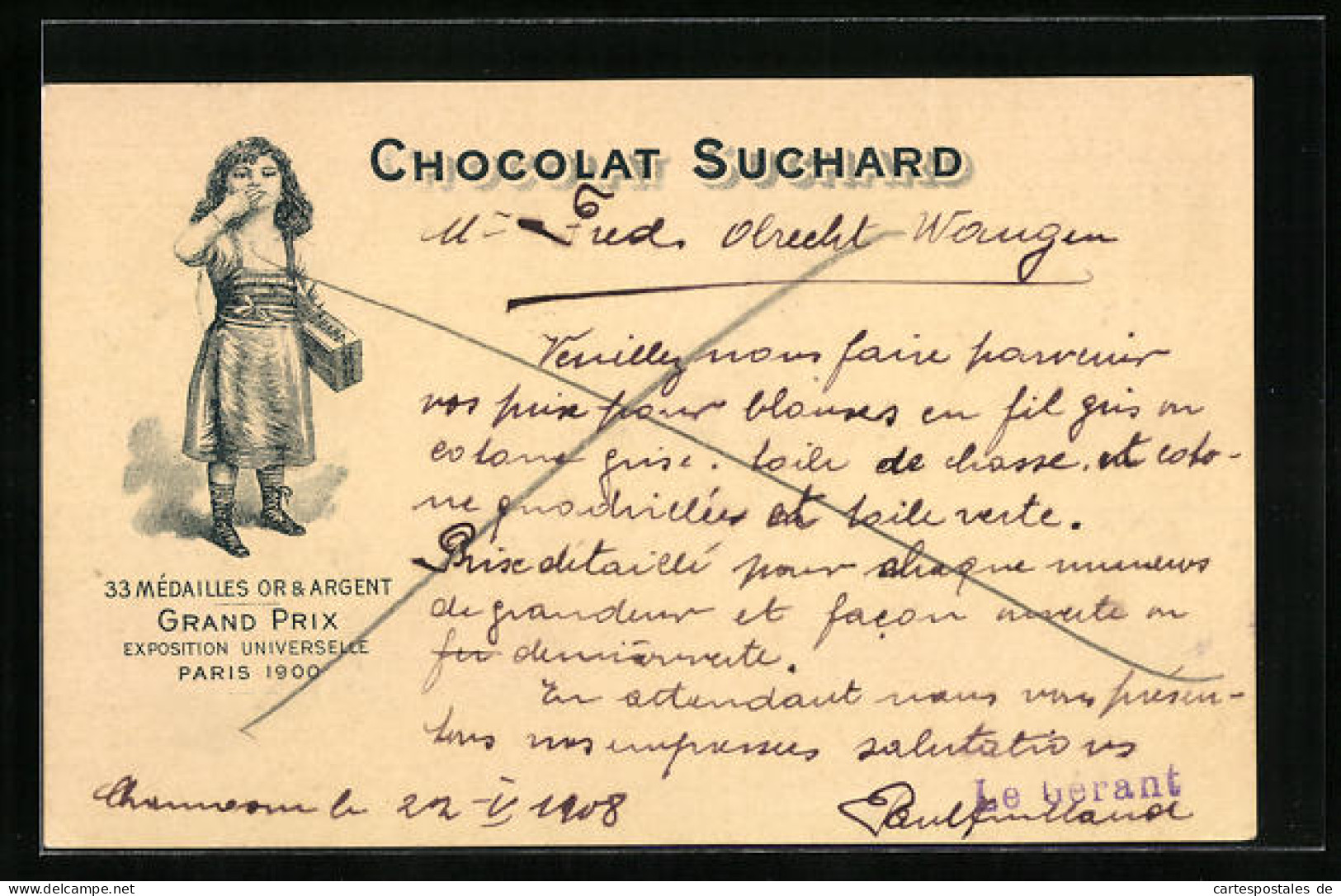 AK Reklame Für Chocolat Suchard, Mädchen Trägt Eine Kiste Schokolade Und Gibt Einen Handkuss, Grand Prix Paris 1900  - Landwirtschaftl. Anbau
