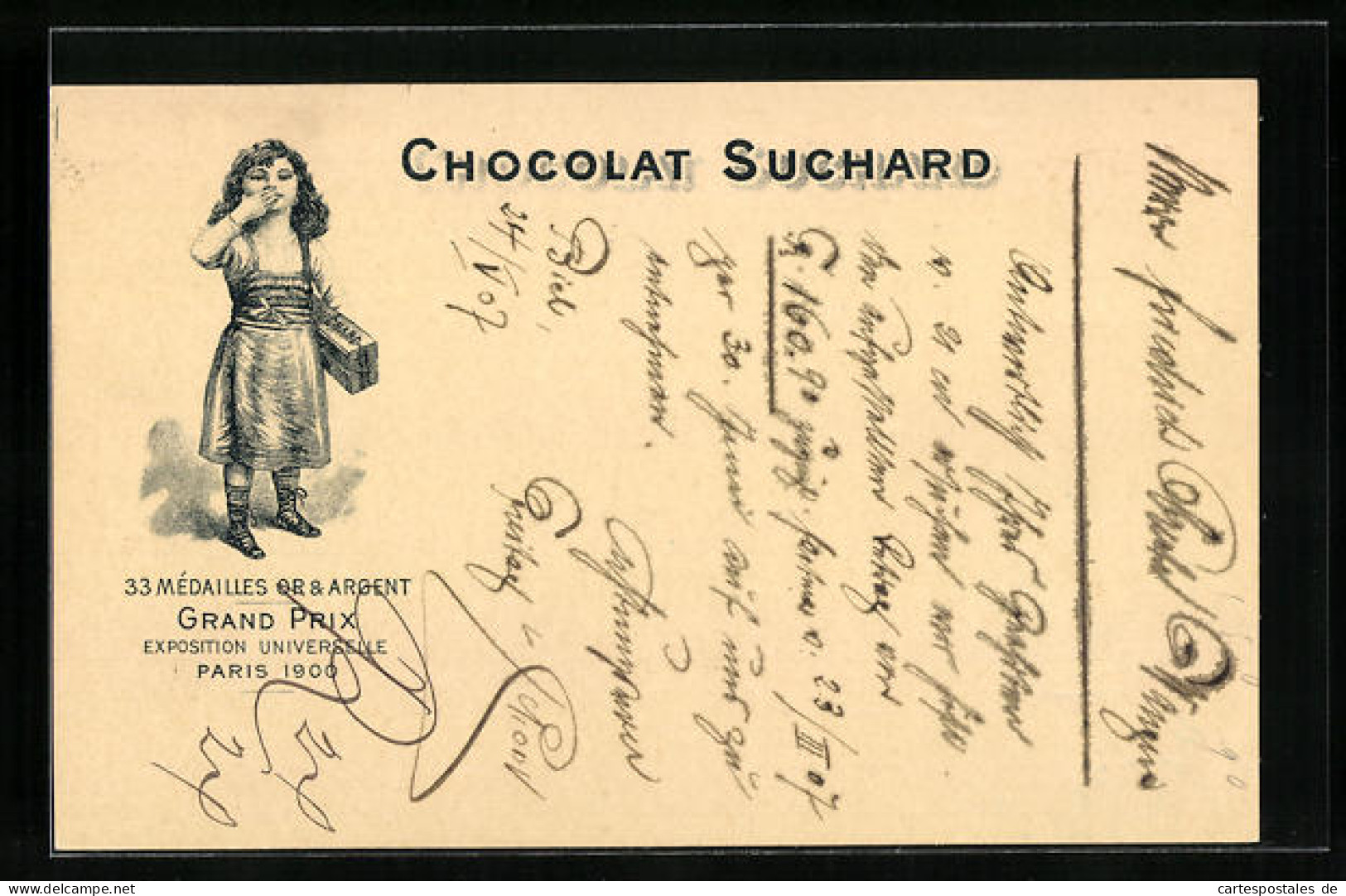 AK Reklame Für Chocolat Suchard, Mädchen Trägt Eine Kiste Schokolade Und Gibt Einen Handkuss, Grand Prix Paris 1900  - Landbouw