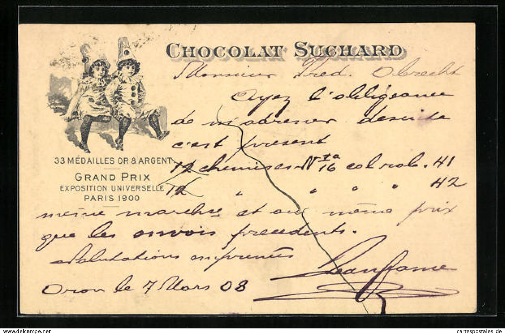 AK Reklame Für Chocolat Suchard, Zwei Kinder In Harlekin-Kostümen, Grand Prix Paris 1900  - Cultures
