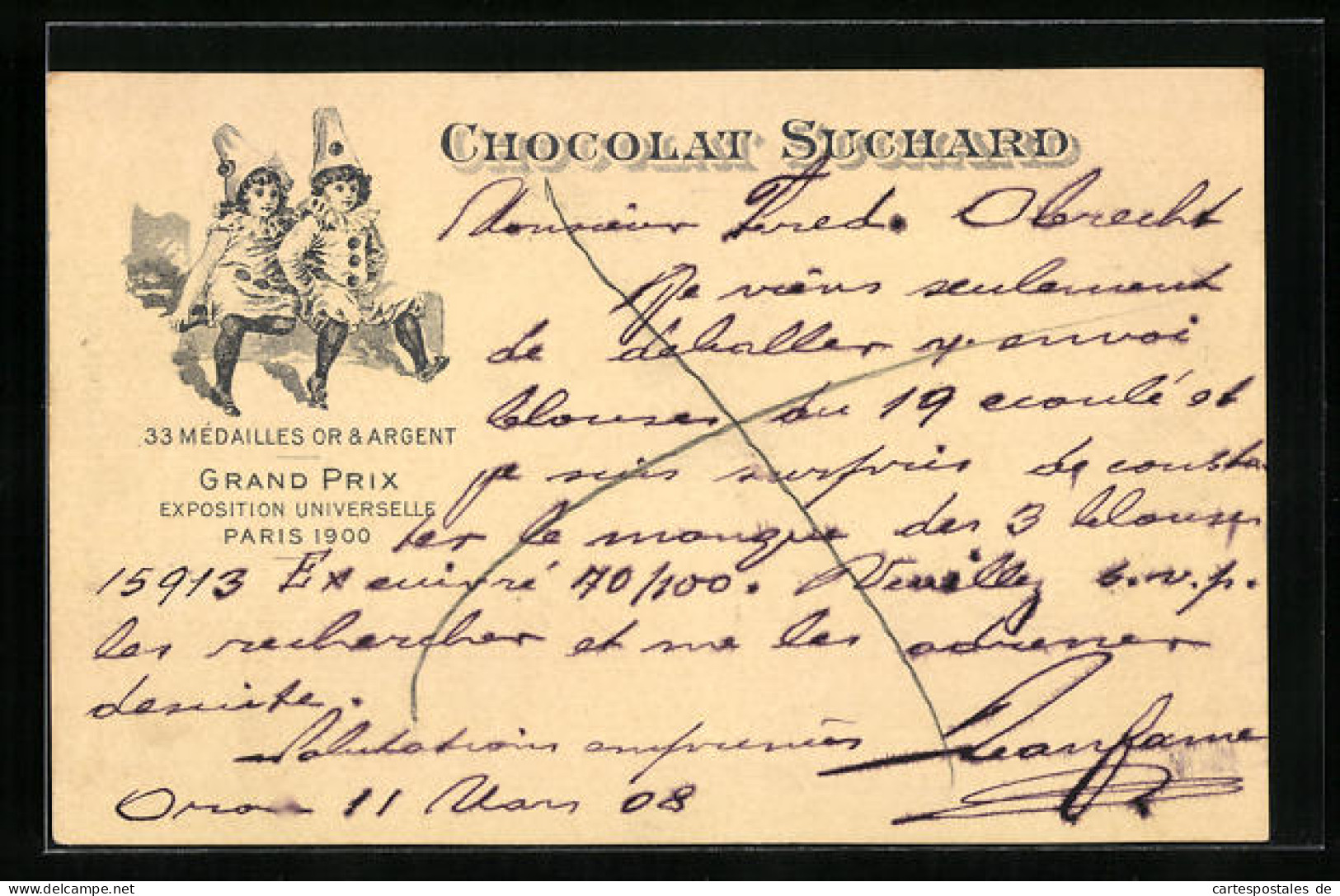 AK Reklame Für Chocolat Suchard, Zwei Kinder In Harlekin-Kostümen, Grand Prix Paris 1900  - Cultivation