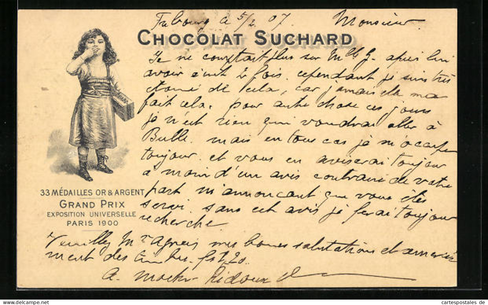 AK Reklame Für Chocolat Suchard, Mädchen Mit Schokoladenkarton Gibt Einen Handkuss, Grand Prix Paris 1900  - Cultures