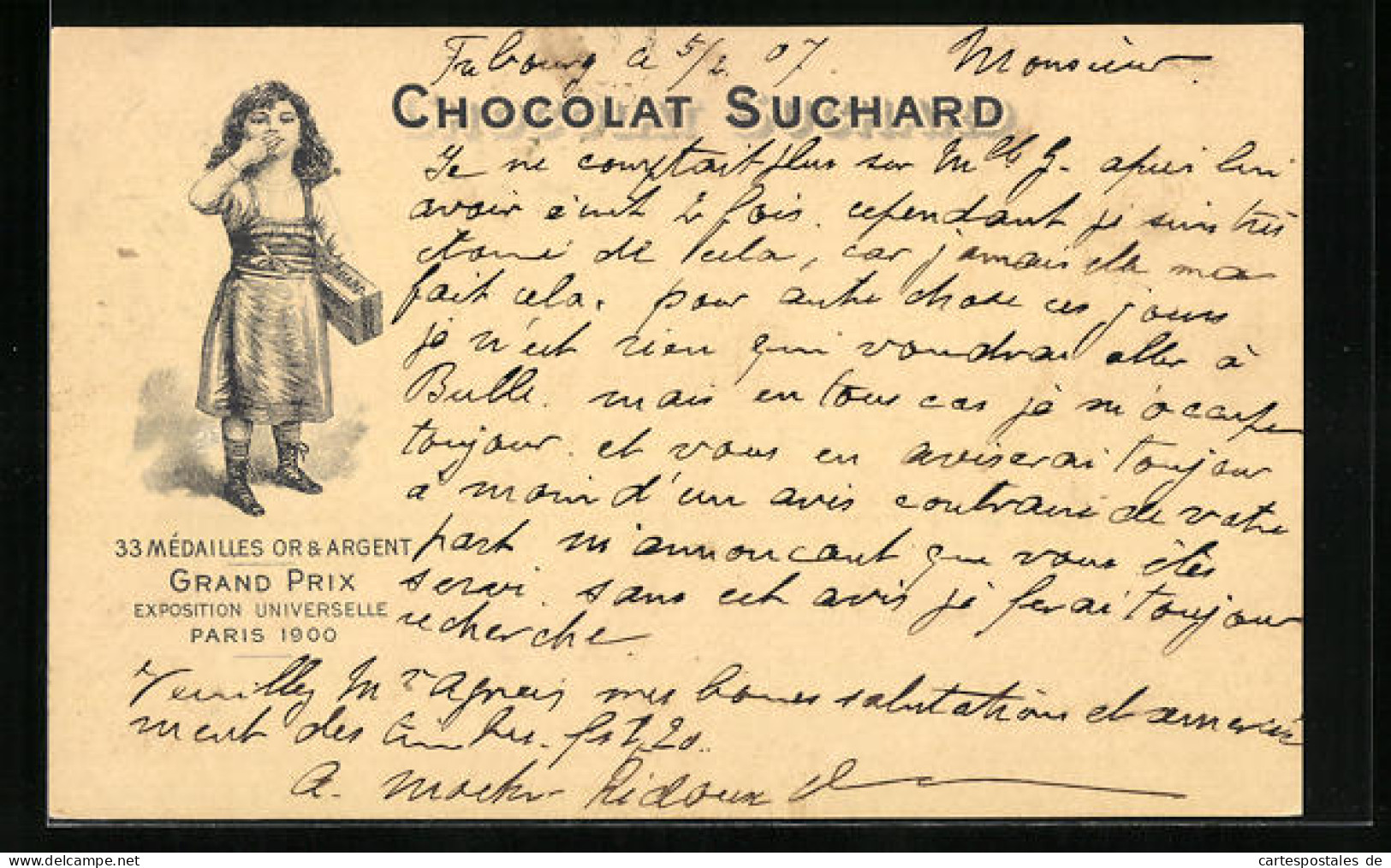 AK Reklame Für Chocolat Suchard, Mädchen Mit Schokoladenkarton Gibt Einen Handkuss, Grand Prix Paris 1900  - Cultivation