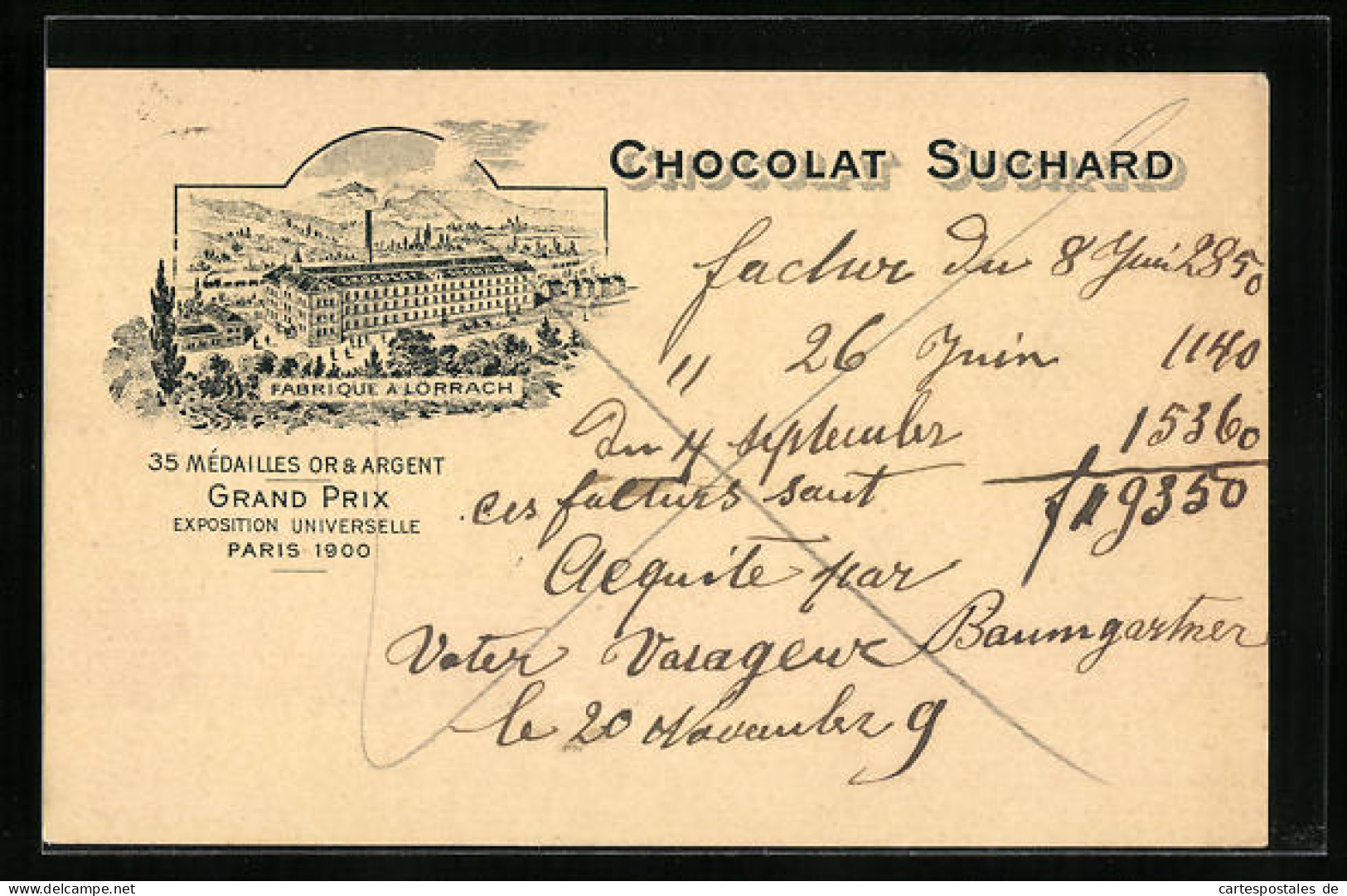 AK Lörrach, Reklame Für Chocolat Suchard, Fabrikansicht Lörrach, Paris Grand Prix 1900, Ganzsache  - Cultures