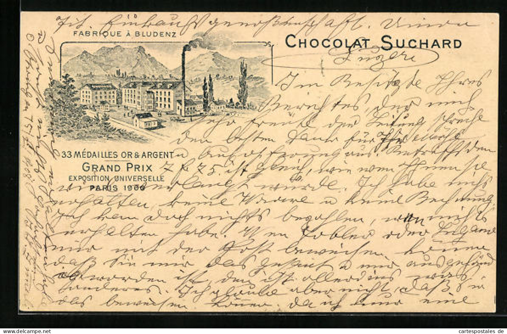 AK Bludenz, Reklame Für Chocolat Suchard, Fabrikansicht Bludenz, Grand Prix Paris 1900  - Autres & Non Classés