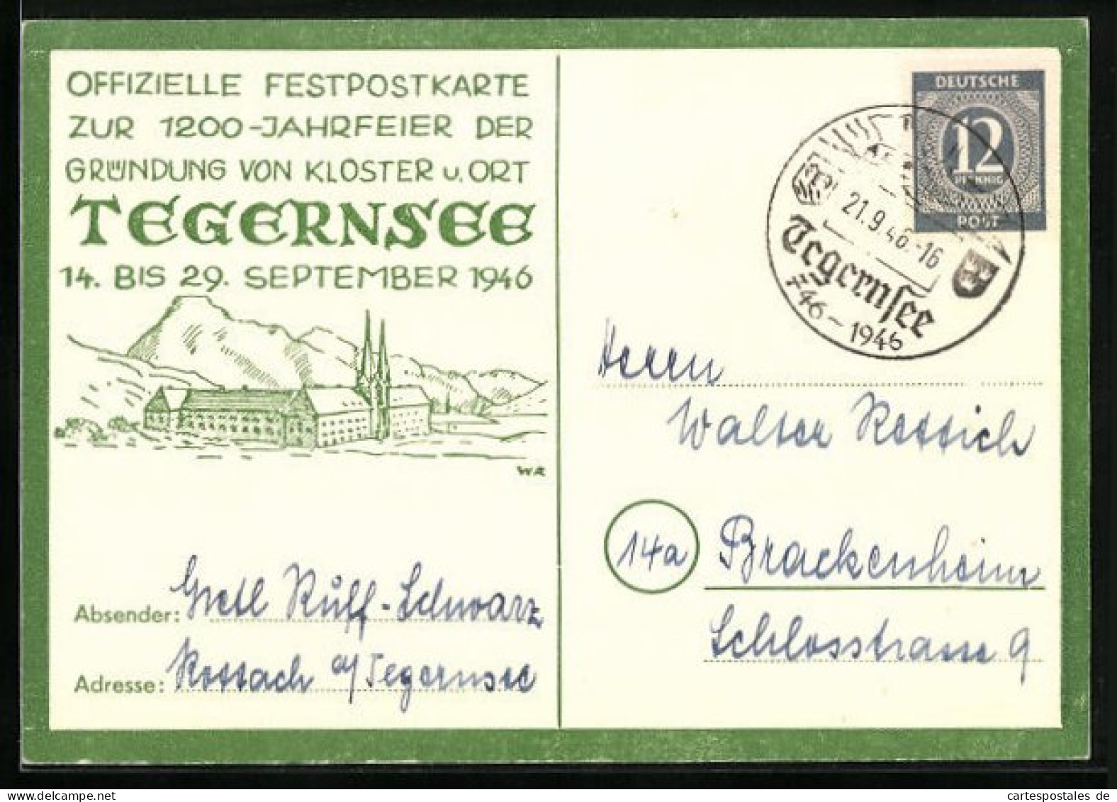 AK Tegernsee, Festpostkarte Zur 1200 Jahrfeier Der Gründung Von Kloster U. Ort Tegernsee 1946  - Tegernsee