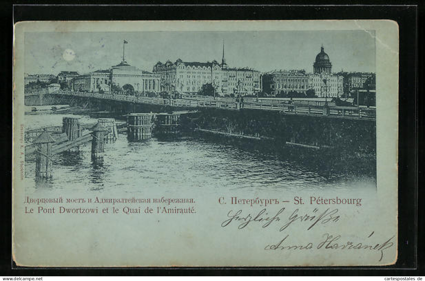 Mondschein-AK St. Petersburg, Le Pont Dwortzowi Et Le Quai De L`Amiraute  - Russia