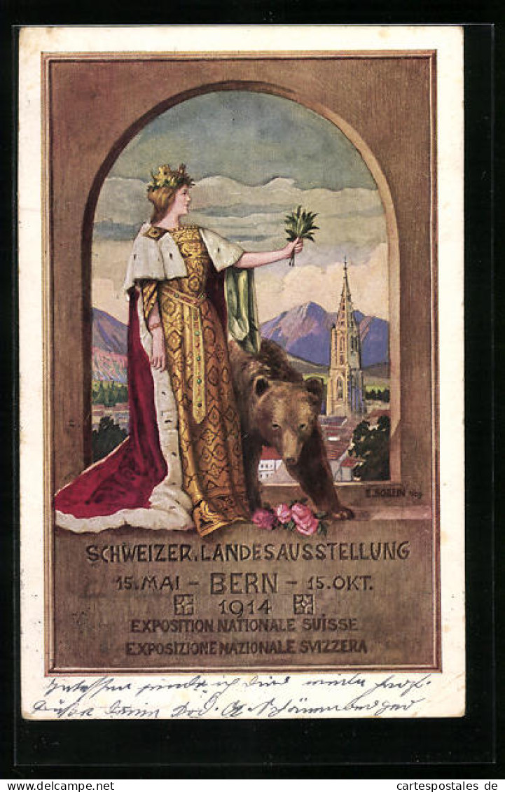 Künstler-AK Bern, Schweizerische Landesausstellung 1914, Teilansicht Mit Kirche U. Frau Im Hermelinmantel Mit Berner   - Exhibitions