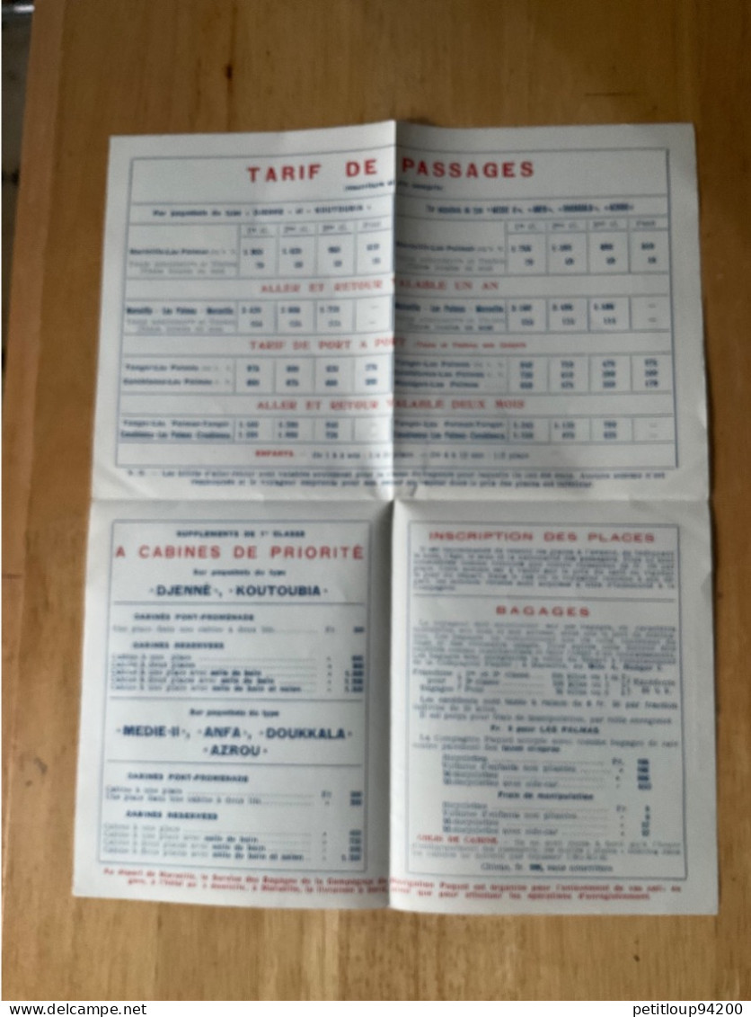 545 DOCUMENT COMMERCIAL  Horaires & Tarifs De Passages  COMPAGNIE DE NAVIGATION PAQUET  Canaries  ANNÉE 1933 - Transports