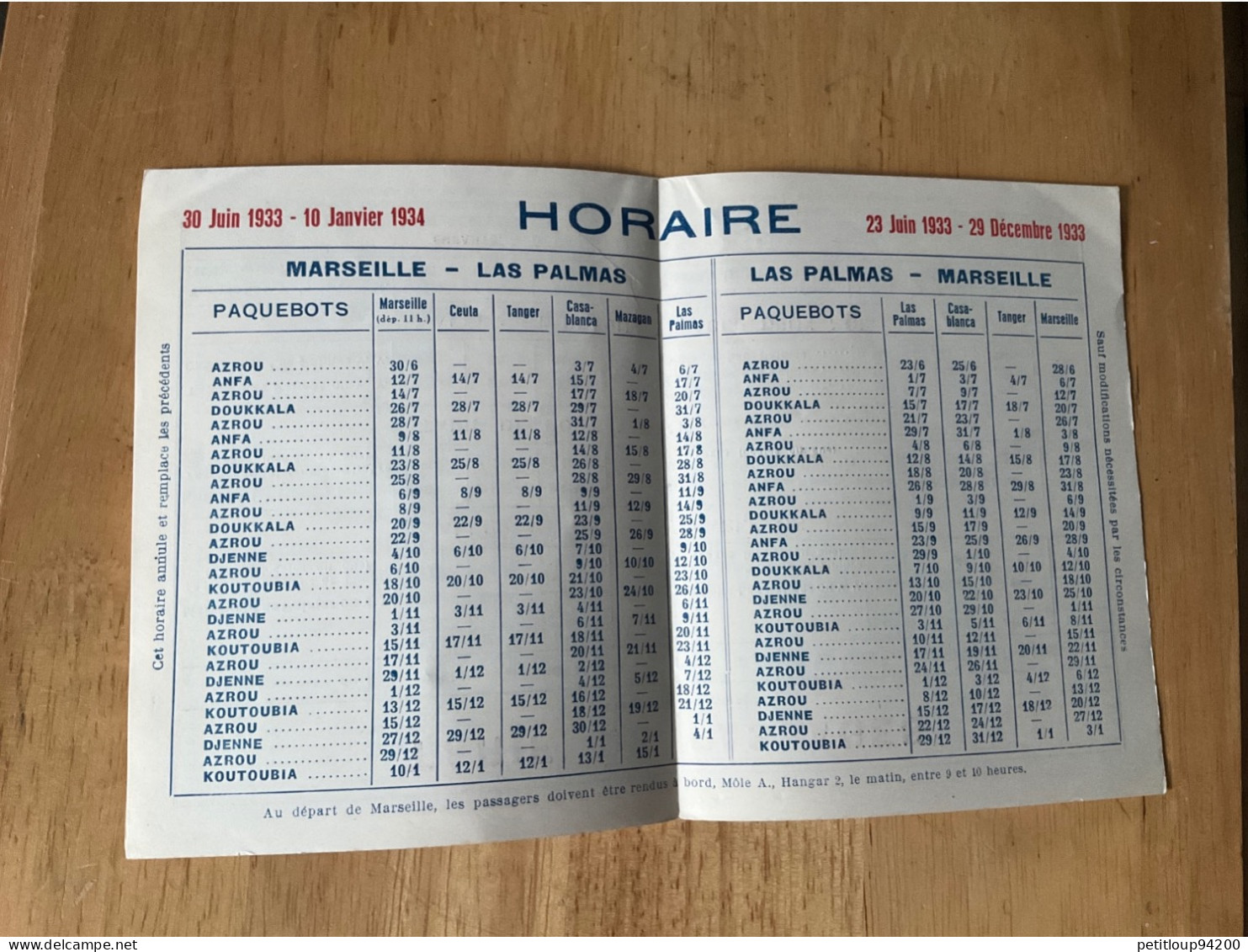 545 DOCUMENT COMMERCIAL  Horaires & Tarifs De Passages  COMPAGNIE DE NAVIGATION PAQUET  Canaries  ANNÉE 1933 - Transports