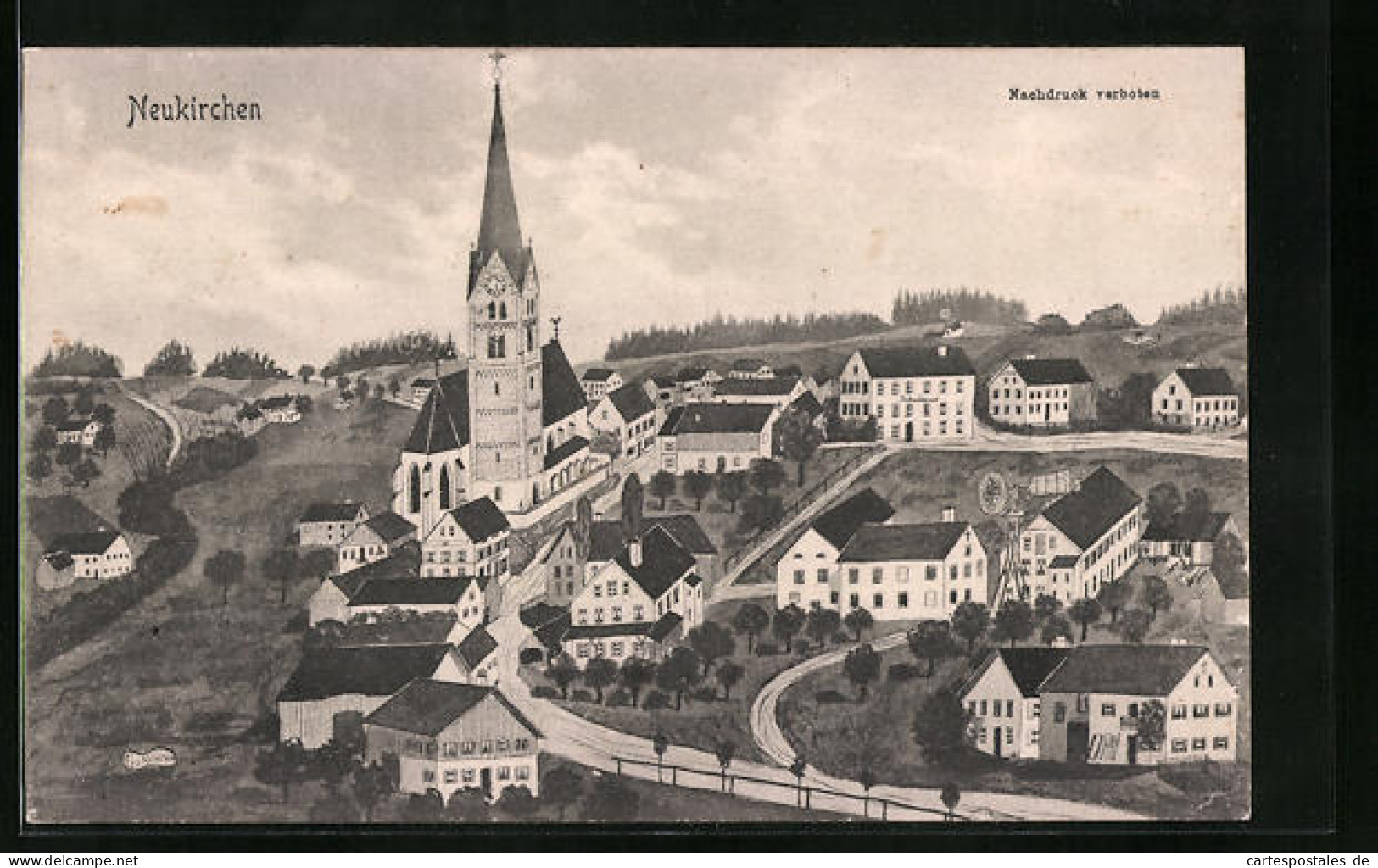 Künstler-AK Sign. Hans Pernat: Neukirchen, Kirche Aus Der Vogelschau  - Other & Unclassified