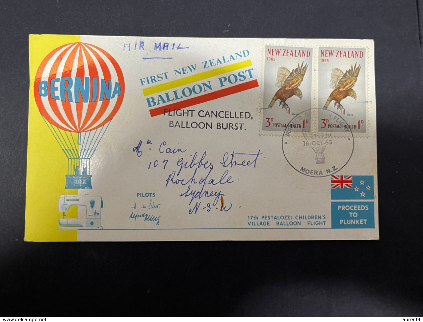 20-5-2024 (5 Z 39) New Zealand FDC - 1965 - Birds (Health Camp Stamp On Special BERNINA Hot Air Balloon Card) - FDC