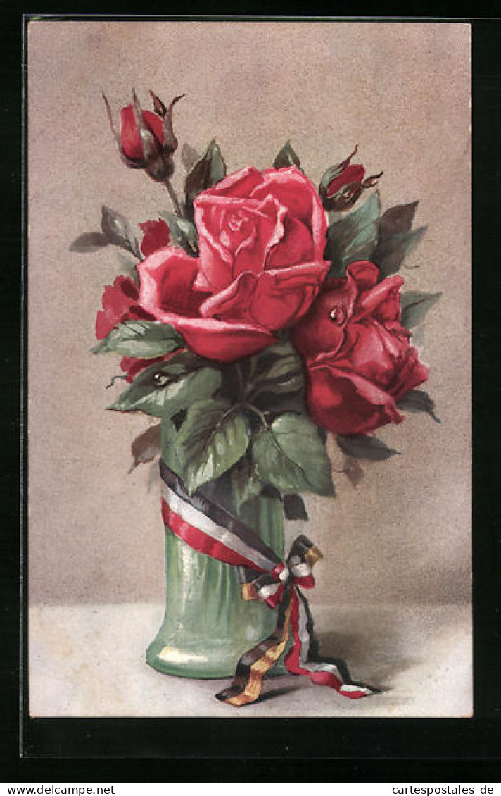 AK Rote Rosen In Einer Vase Mit Fahnenband  - Sonstige & Ohne Zuordnung
