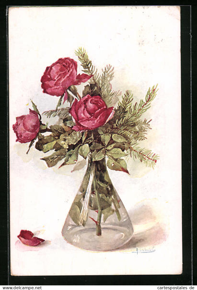 AK Rote Rosen In Einer Vase  - Sonstige & Ohne Zuordnung