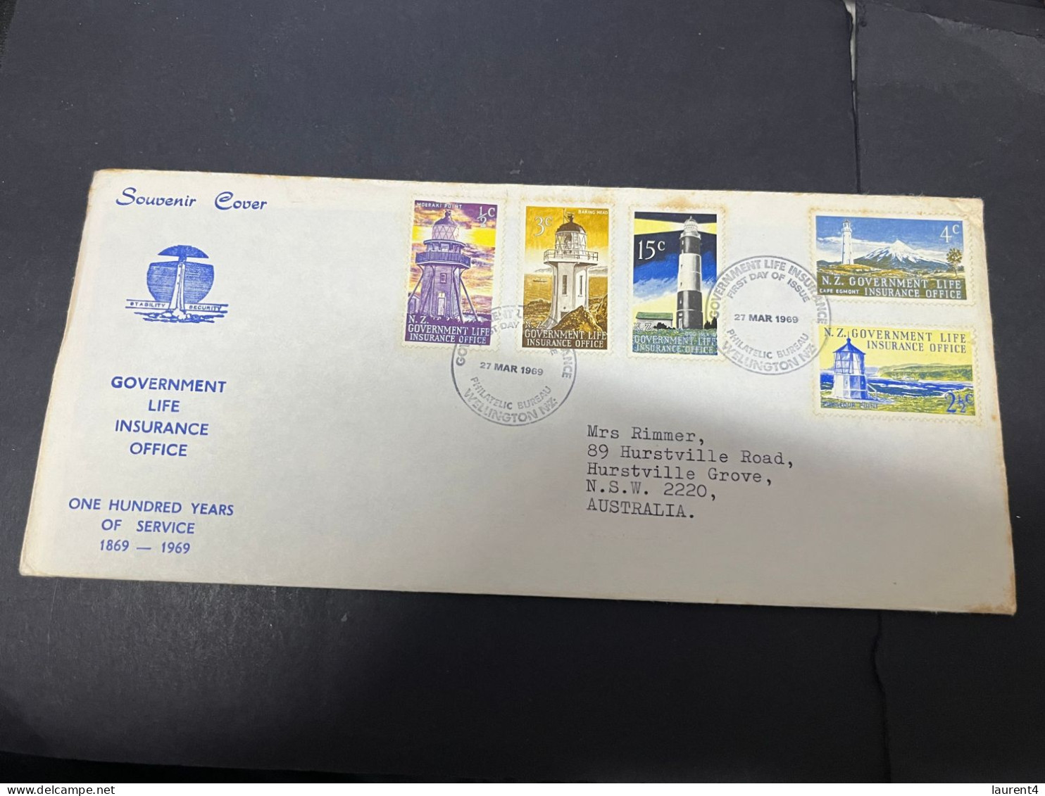 20-5-2024 (5 Z 39) New Zealand FDC - (posted To Australia) 1969 - Government Life Insurance Office (Lighthouses) - FDC