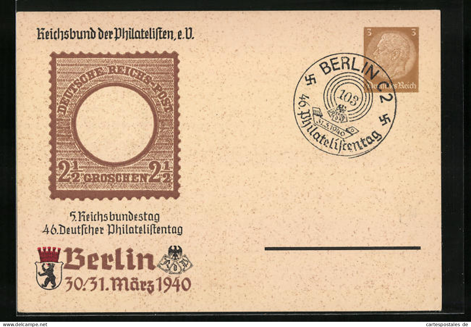 AK Berlin, 5. Reichsbundestag, 46. Deutscher Philatelistentag 1940, Ganzsache  - Briefmarken (Abbildungen)