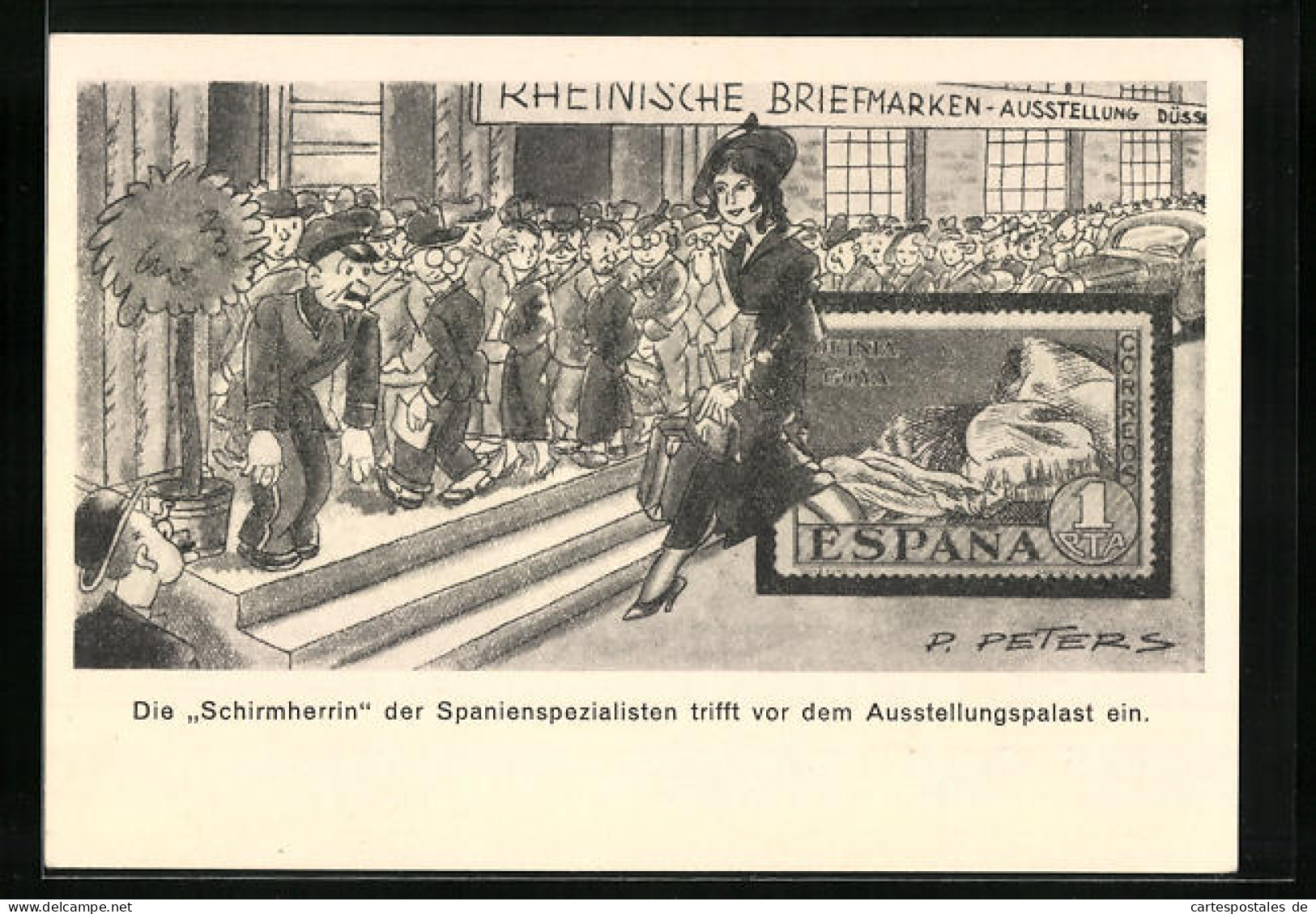 Künstler-AK Düsseldorf, Rheinische Briefmarken-Ausstellung 1936, Die Schirmherrin Trifft Ein, Ganzsache  - Stamps (pictures)