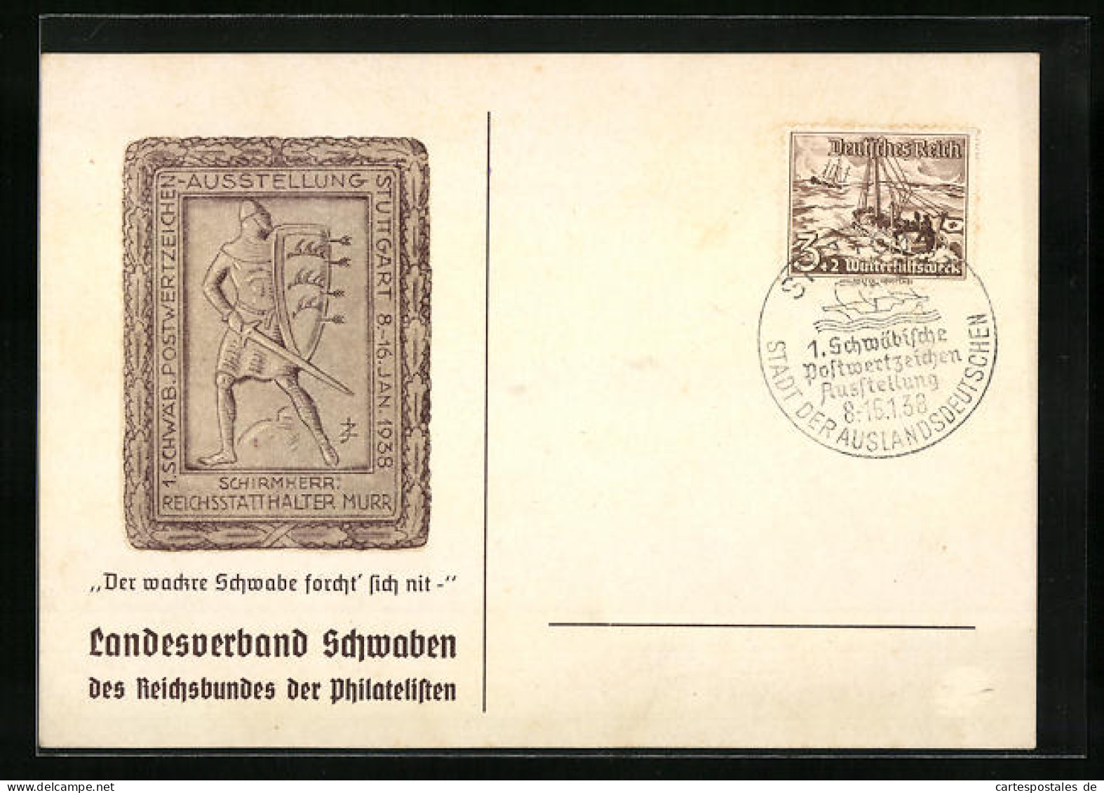 AK Stuttgart, 1. Schwäb. Postwertzeichen-Ausstellung 1938  - Timbres (représentations)