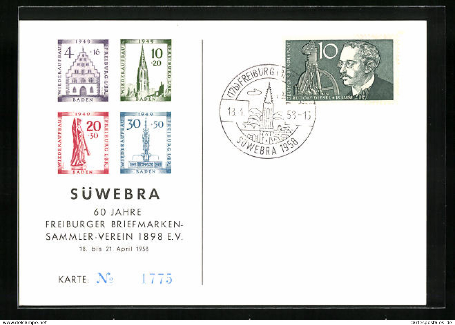 AK Ausstellung SÜWEBRA, 60 Jahre Freiburger Briefmarken-Sammler-Verein  - Timbres (représentations)