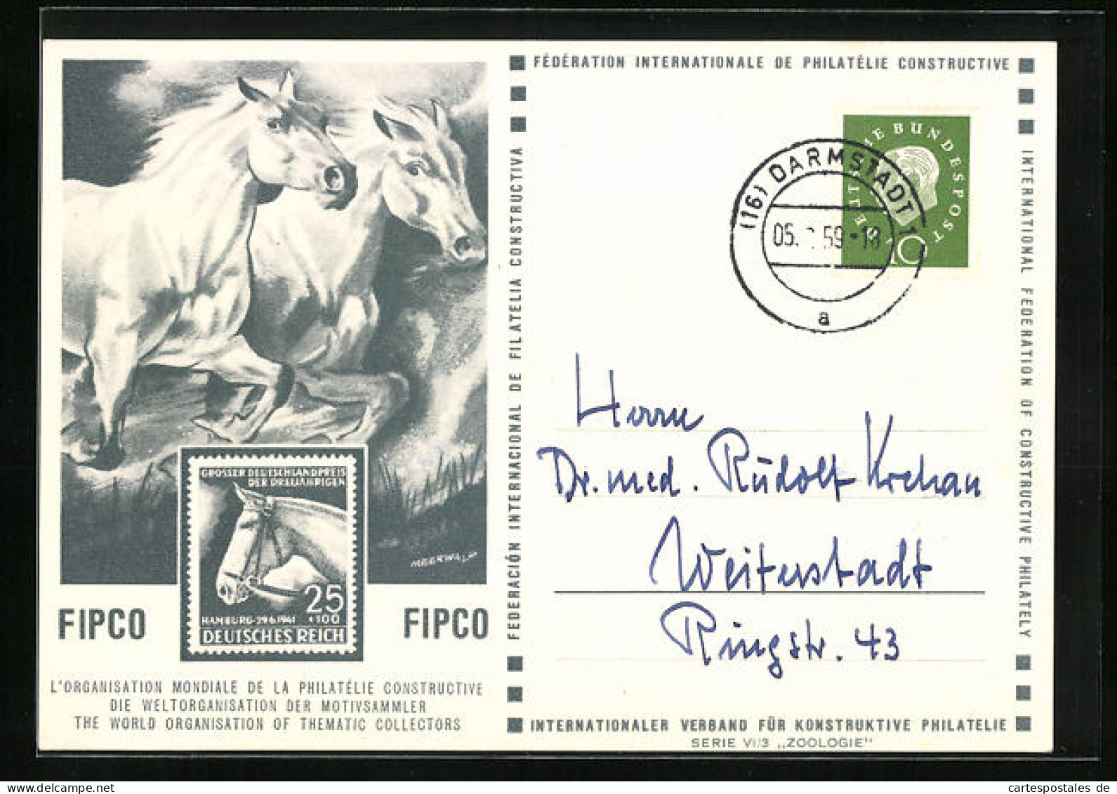 AK Ausstellung Der FIPCO, Zwei Schimmel Im Galopp  - Briefmarken (Abbildungen)