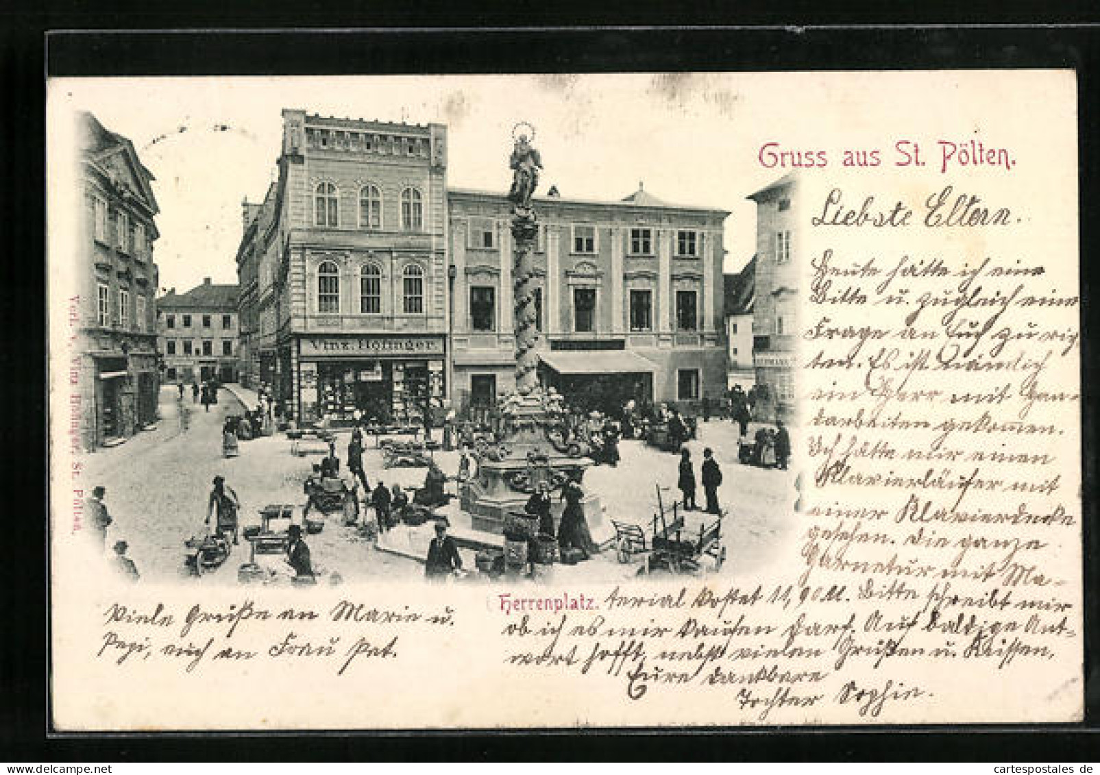 AK St. Pölten, Herrenplatz Mit Geschäften Und Denkmal  - Other & Unclassified