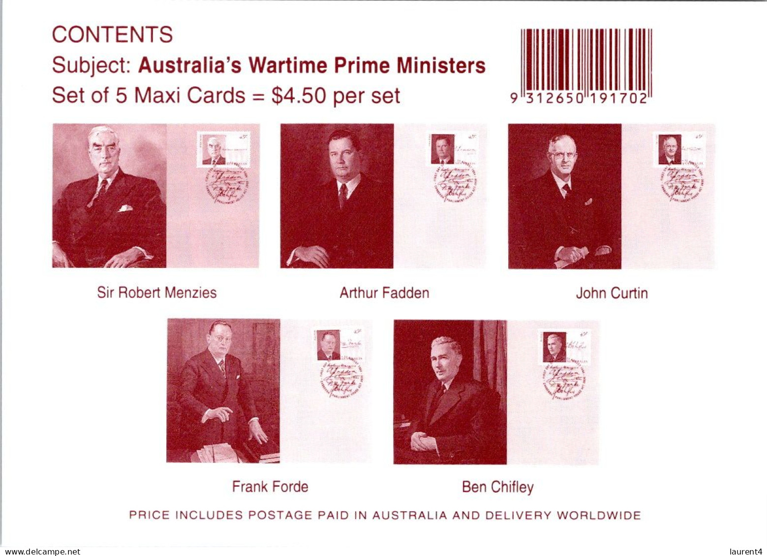 20-5-2024 (5 Z 39) Australia (5 Maxicard) WW II Prime Minsters (if Not Sold Will NOT Be Re-listed) - Cartes-Maximum (CM)