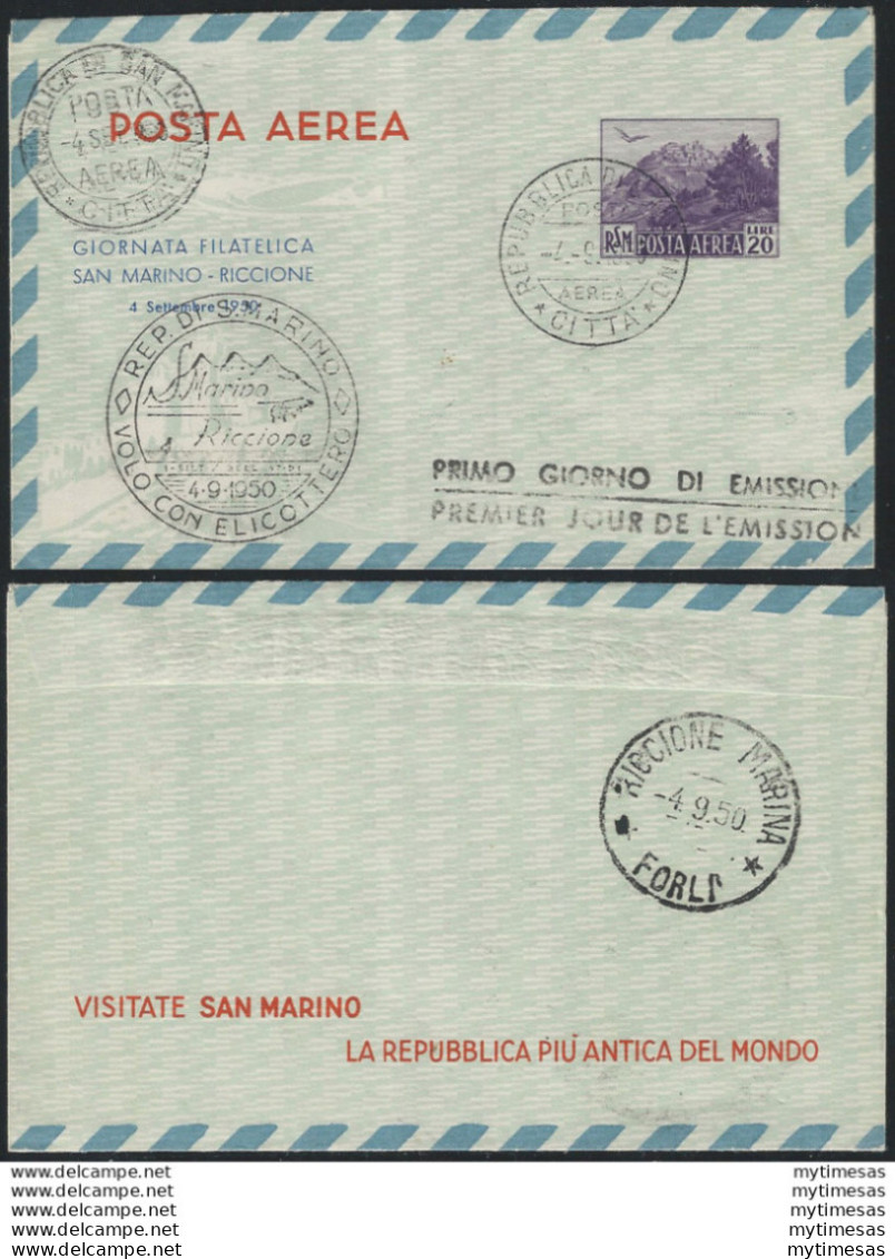 1950 San Marino Aerogrammi RSM/Riccione L.20 Annullato FDC Filagrano EP3 Var. - Autres & Non Classés