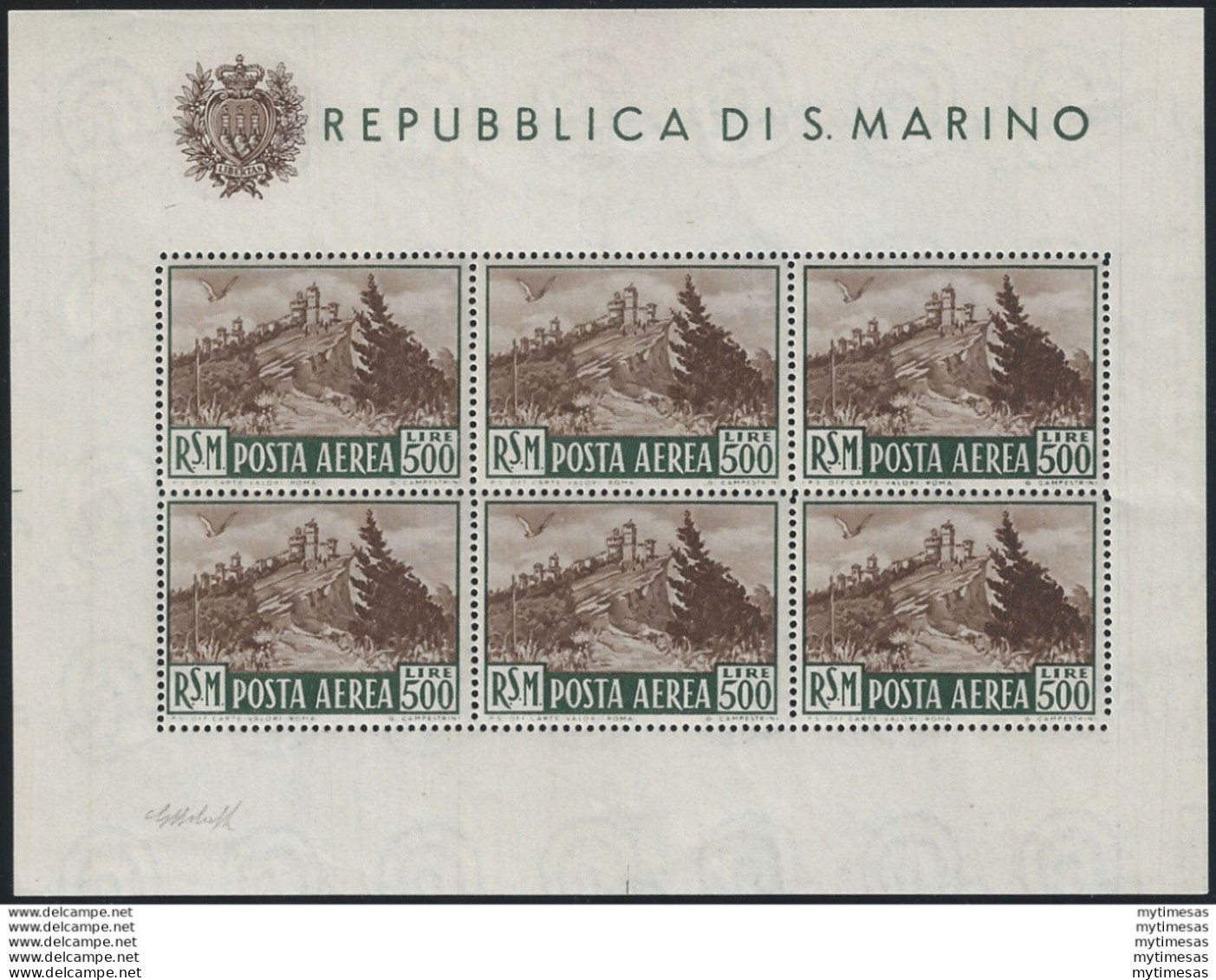 1951 San Marino Veduta Lire 500 Bruno MS MNH Sassone N. 12 - Autres & Non Classés