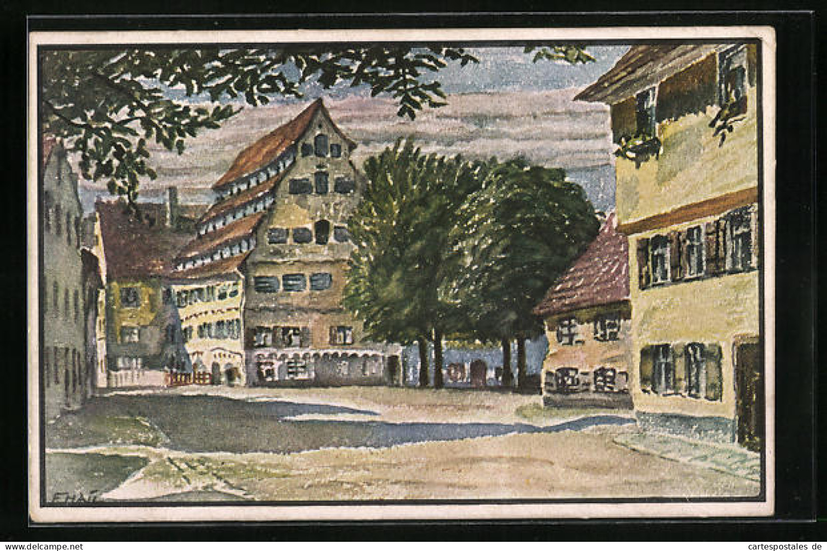 Künstler-AK Memmingen, Gerberplatz Mit Sieben-Dächerhaus  - Memmingen