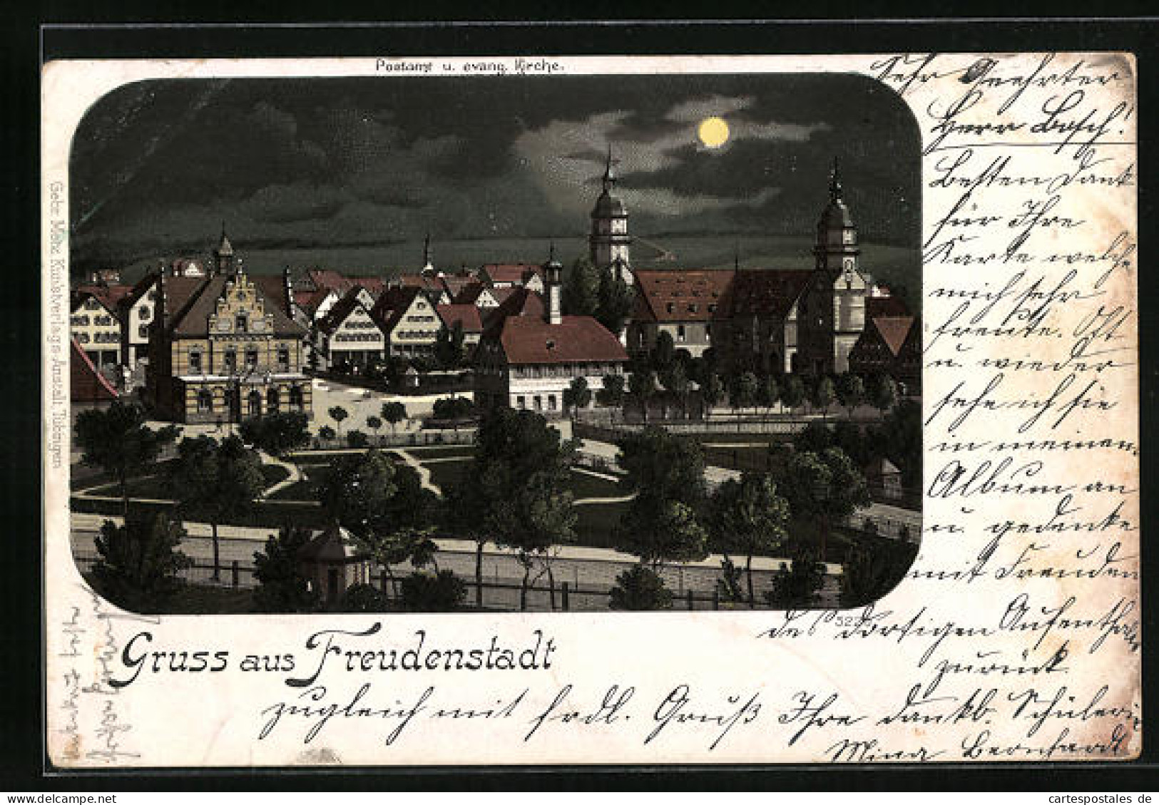 Mondschein-Lithographie Freudenstadt, Postamt Und Evangelische Kirche  - Freudenstadt