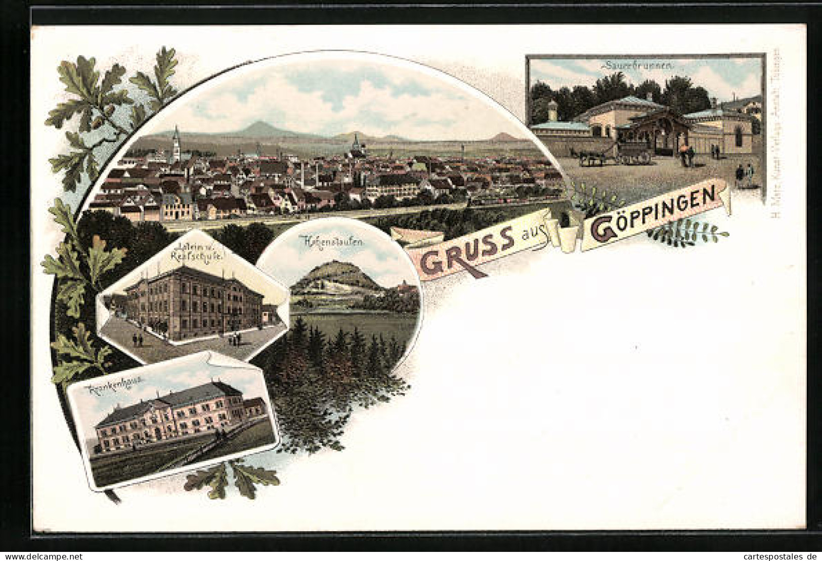 Lithographie Göppingen, Totalansicht, Sauerbrunnen, Hohenstaufen, Krankenhaus  - Goeppingen