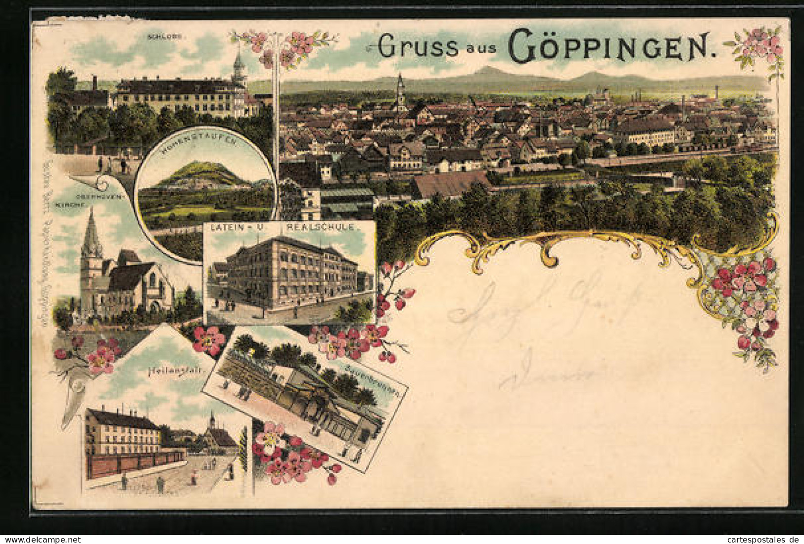 Lithographie Göppingen, Totalansicht, Schloss, Heilanstalt, Sauerbrunnen  - Goeppingen