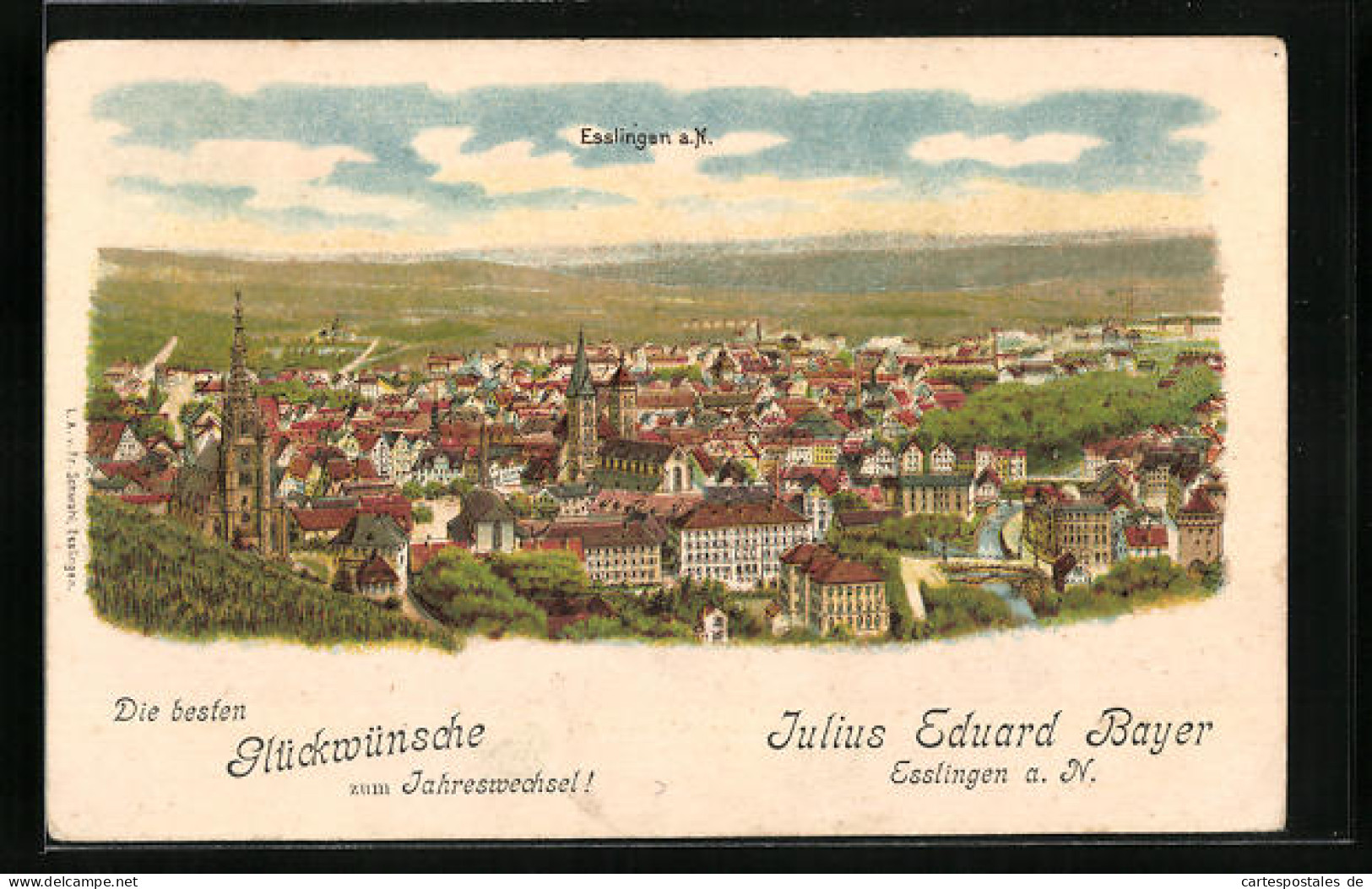 Lithographie Esslingen A. Neckar, Totalansicht Mit Kirche  - Esslingen