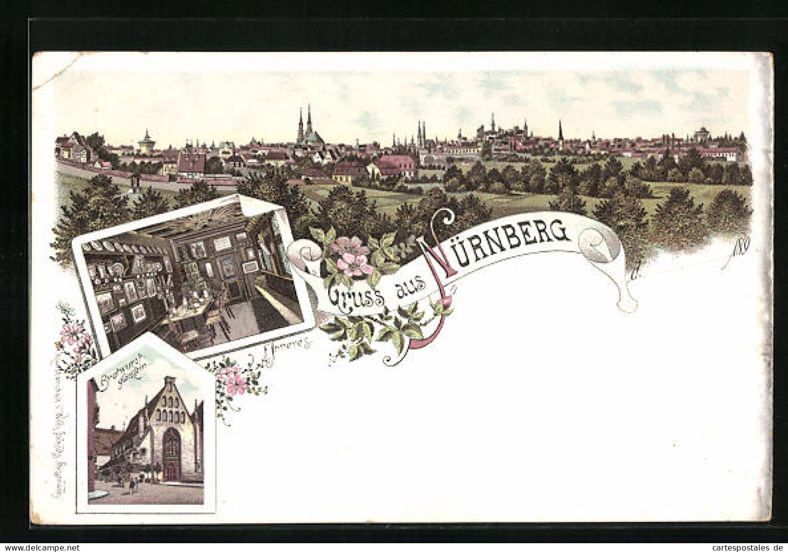 Lithographie Nürnberg, Gasthaus Bratwurstglöcklein, Innenansicht, Teilansicht  - Nürnberg